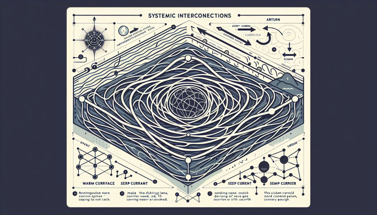 AMOC conveyor belt: warm surface water flows north, cools and sinks, returns south along ocean floor