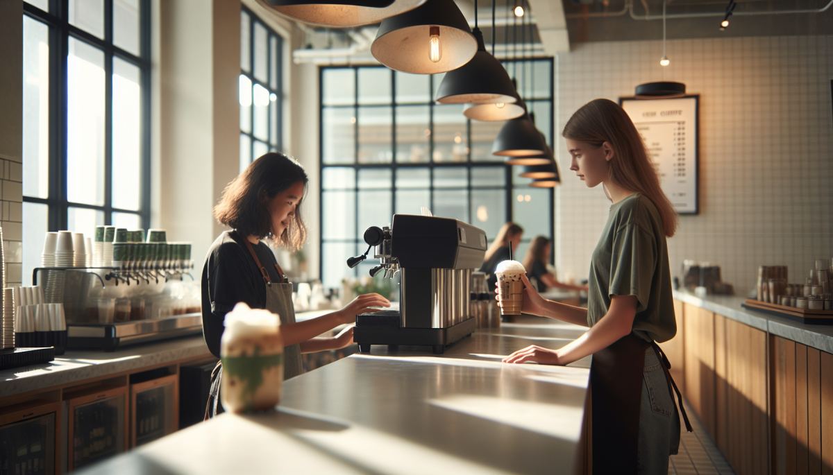 A young customer orders at a Starbucks counter, cold foam drink in hand, reflecting the brand's recovering younger demographic