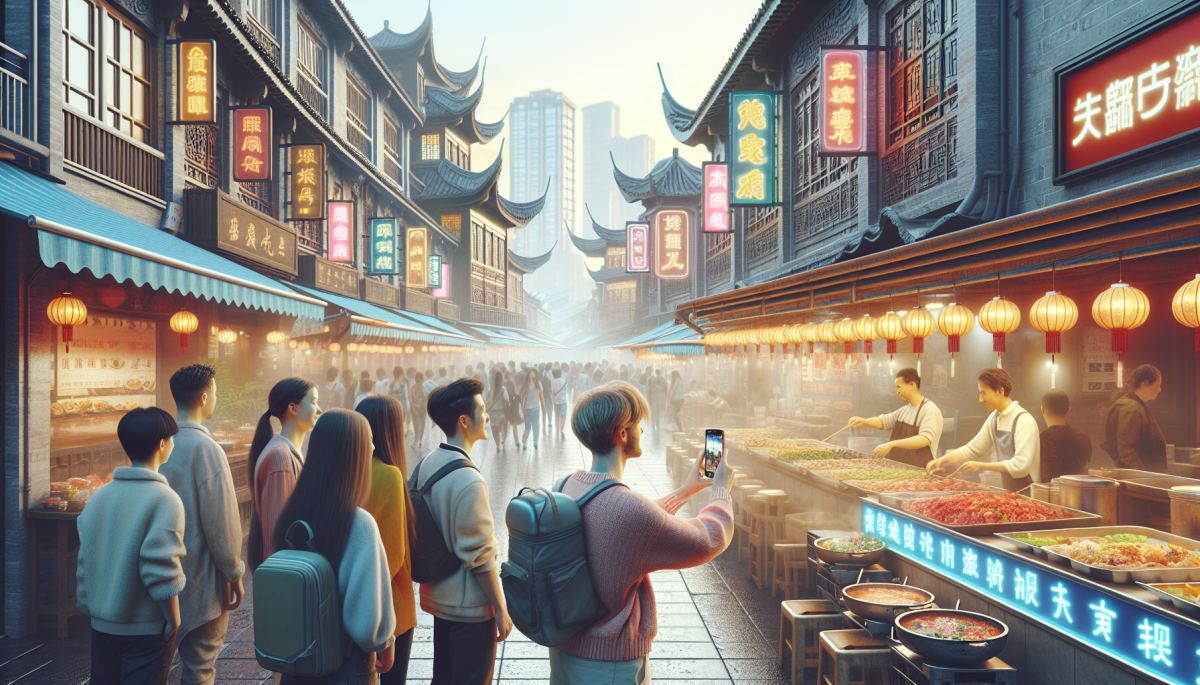 American tourists explore a bustling street food market in Chengdu, China, filming content for social media