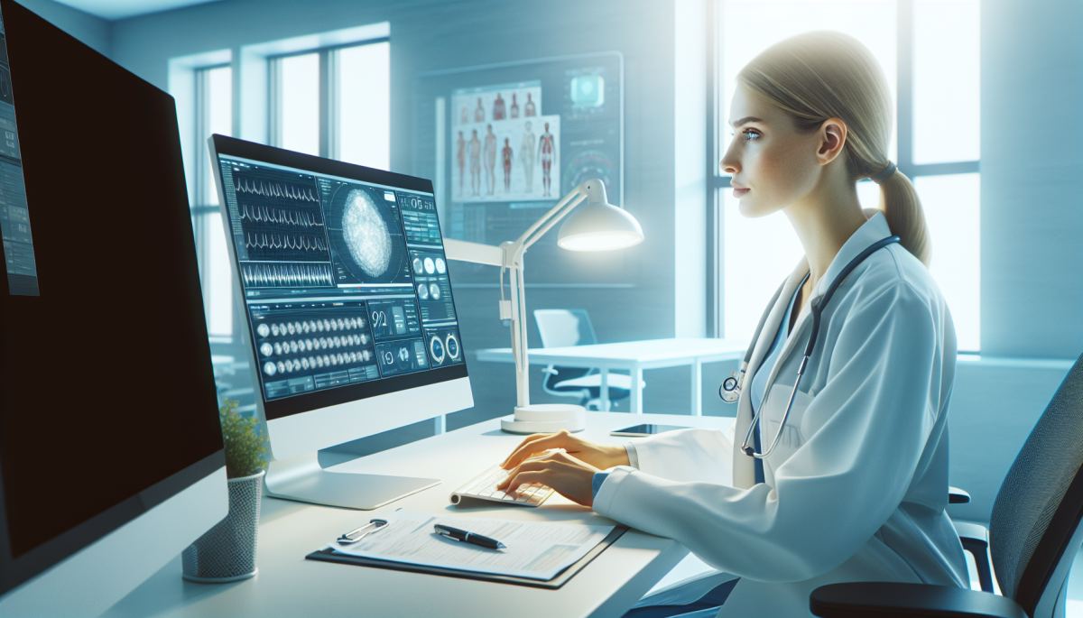 A physician reviews patient data on a screen while an AI clinical decision interface displays diagnostic suggestions alongside