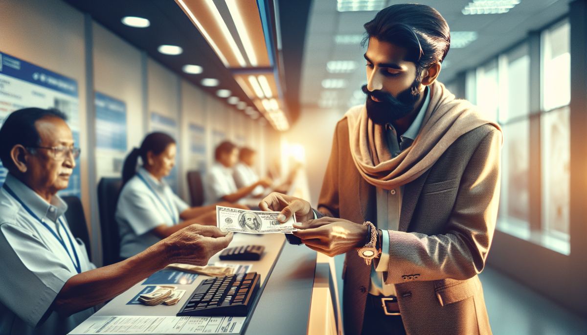 A migrant worker sends money home via a remittance transfer service, a lifeline for families in low-income countries.