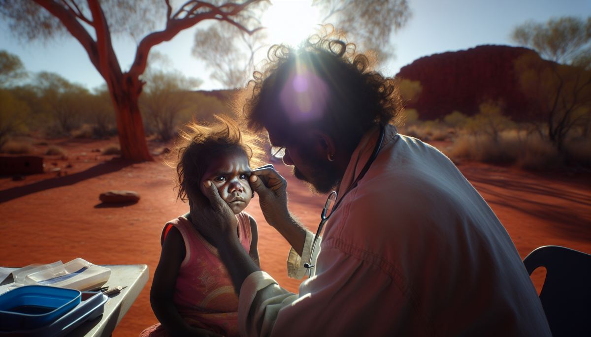 A child in a remote Australian Aboriginal community receives a facial cleanliness check, a key step in trachoma prevention.
