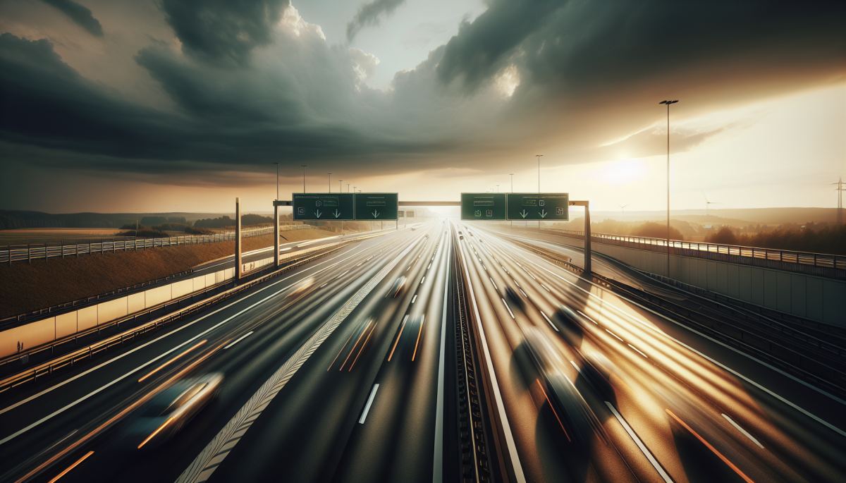 A stretch of Germany's Autobahn where no speed limit applies, with vehicles traveling at high speed