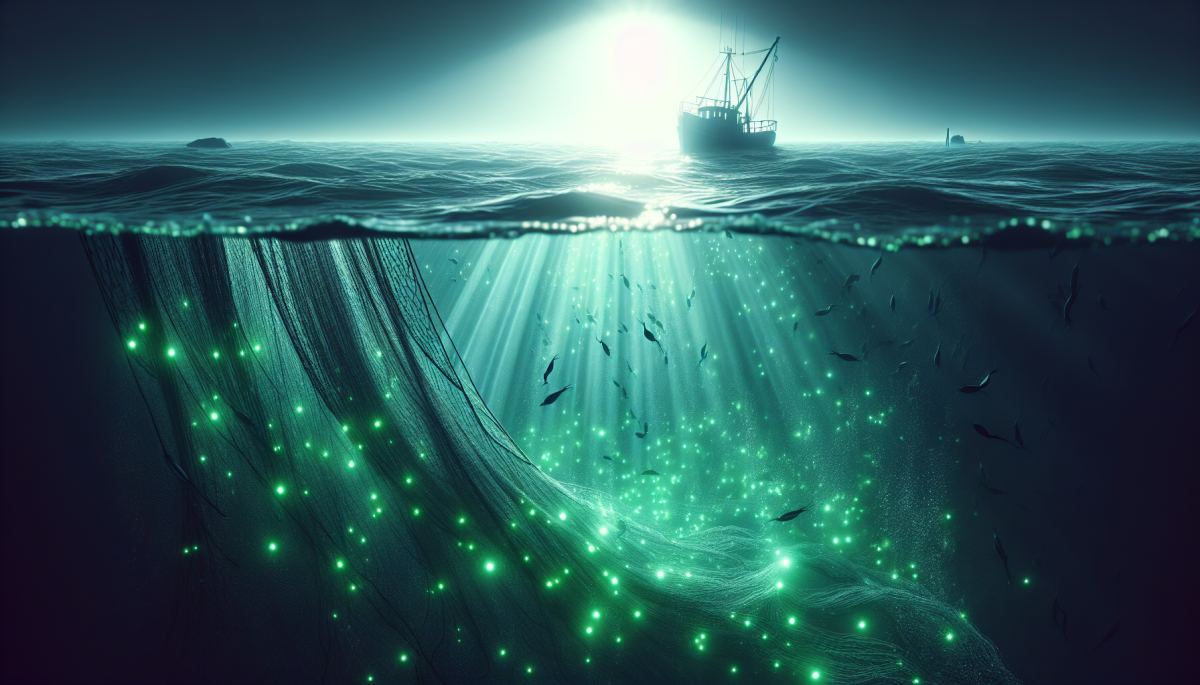 Green LED-illuminated fishing net deployed at sea, a bycatch-reduction technology shown to cut sea turtle capture by 74%
