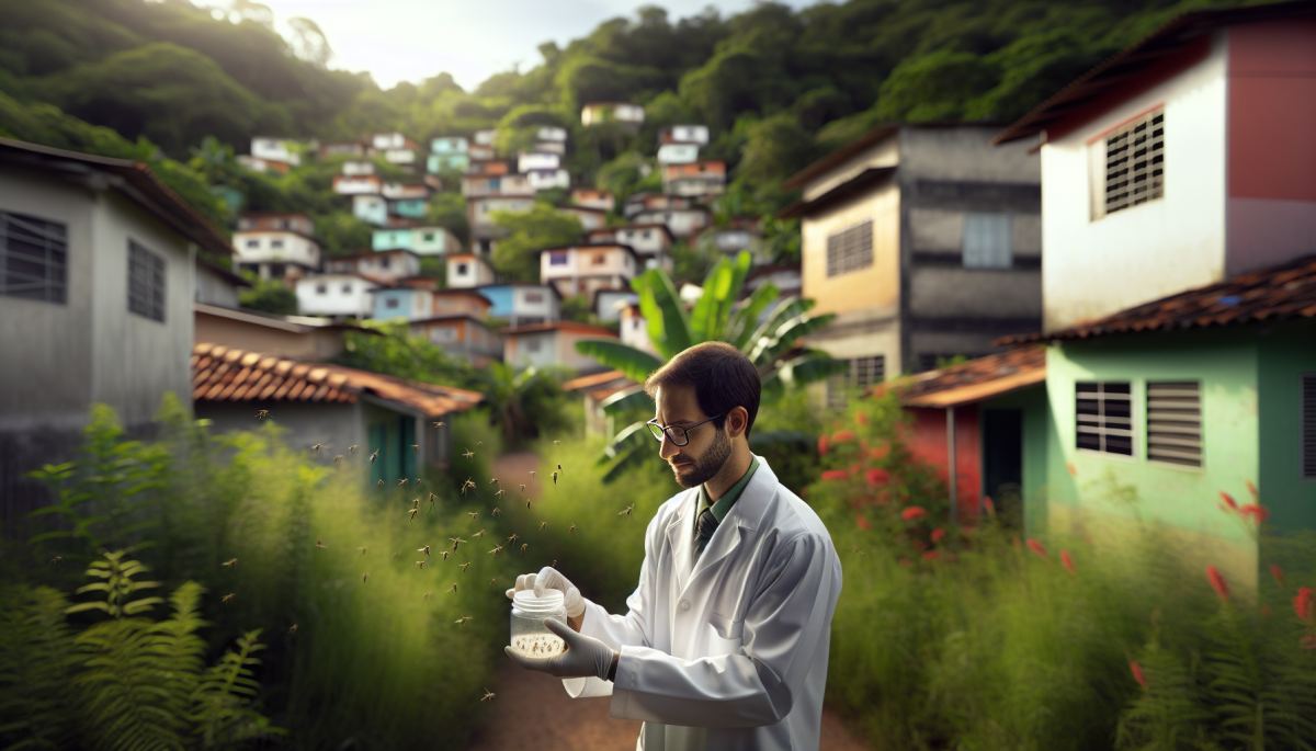 Researcher releases Wolbachia-infected Aedes aegypti mosquitoes in a Brazilian neighborhood as part of dengue control program
