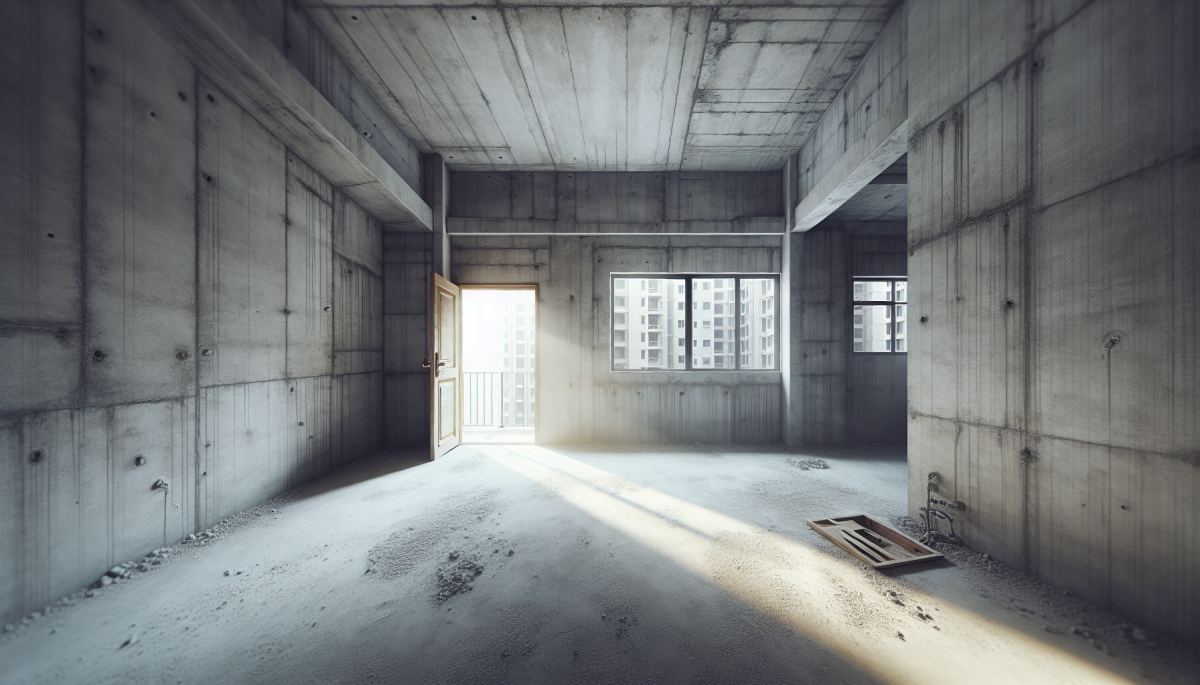 A newly delivered apartment in China shows cracked walls and unfinished surfaces, emblematic of the property quality crisis.