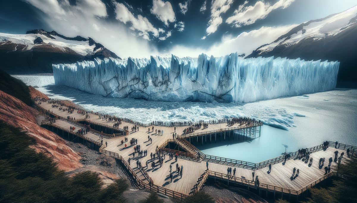 Tourists on walkways at Perito Moreno glacier, one of South America's most visited natural sites, Argentina