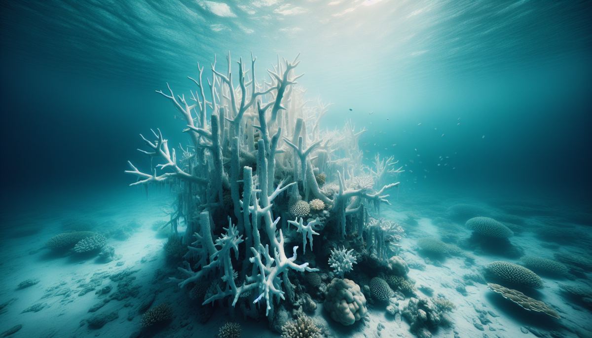 Bleached coral reef in warming Pacific waters, a sign of marine heat wave damage threatening coastal food security