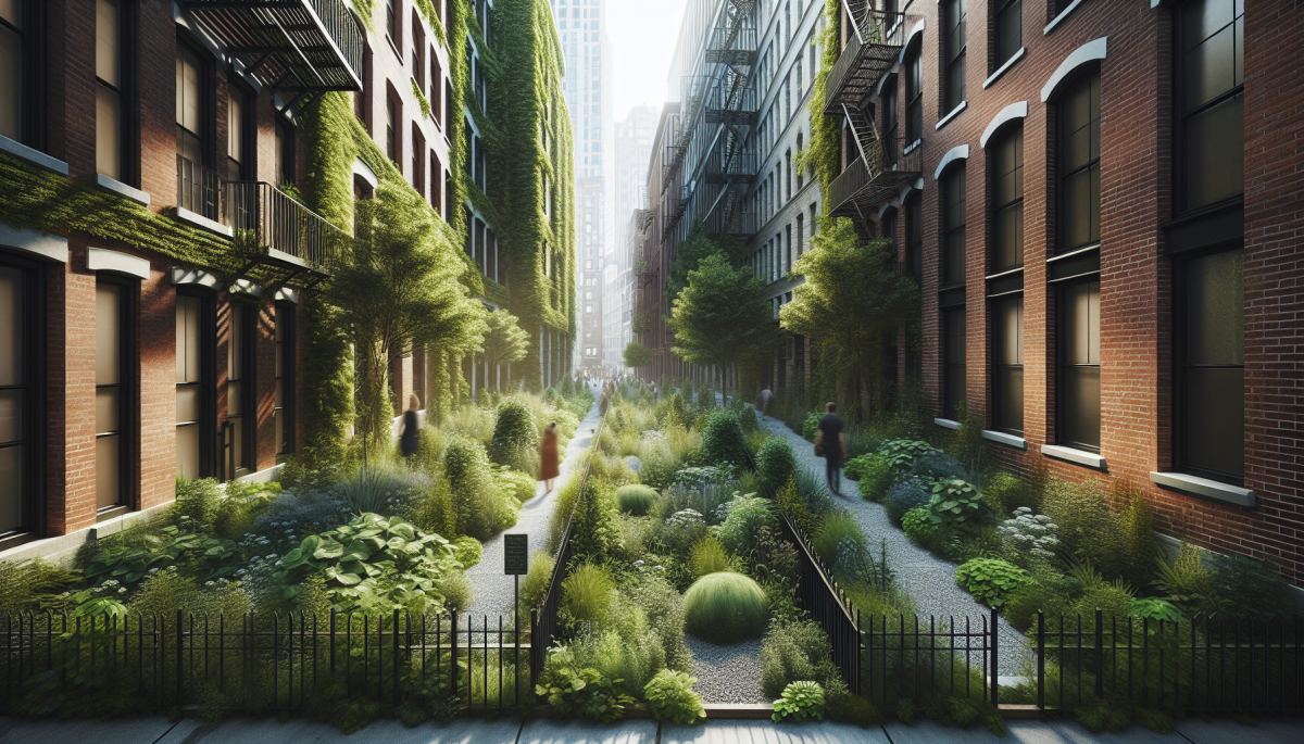 A pocket garden wedged between urban buildings offers shade and greenery on a dense city block.