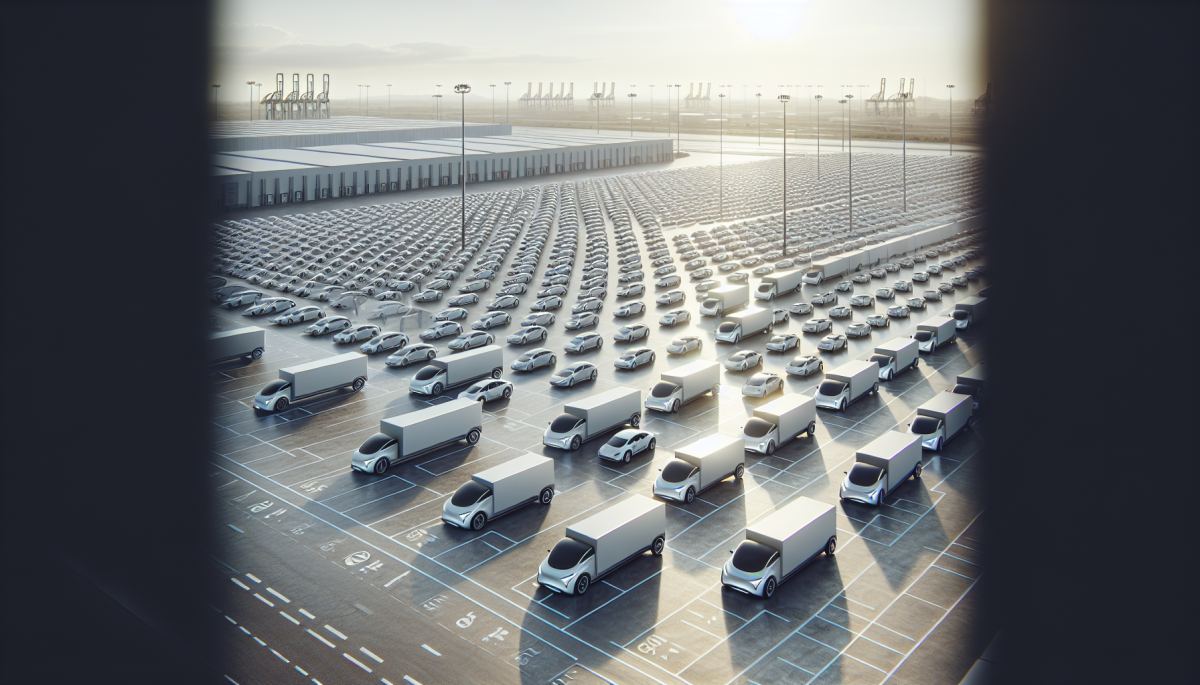 Unsold Tesla vehicles staged at a company-owned delivery hub, representing record Q1 2025 inventory buildup