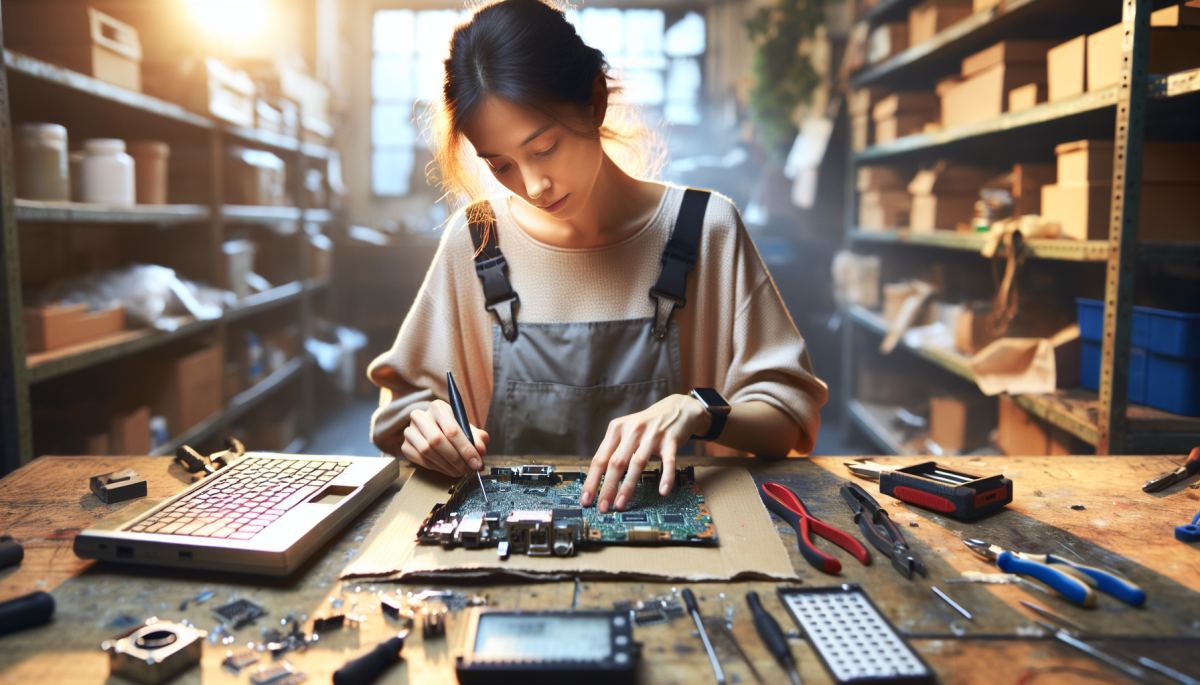 An independent repair technician works on a disassembled consumer device at a small repair shop workbench