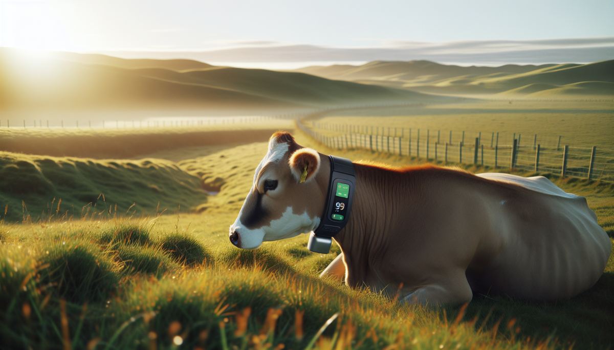 A Halter solar-powered GPS cattle collar guides a cow across an open New Zealand pasture without physical fencing
