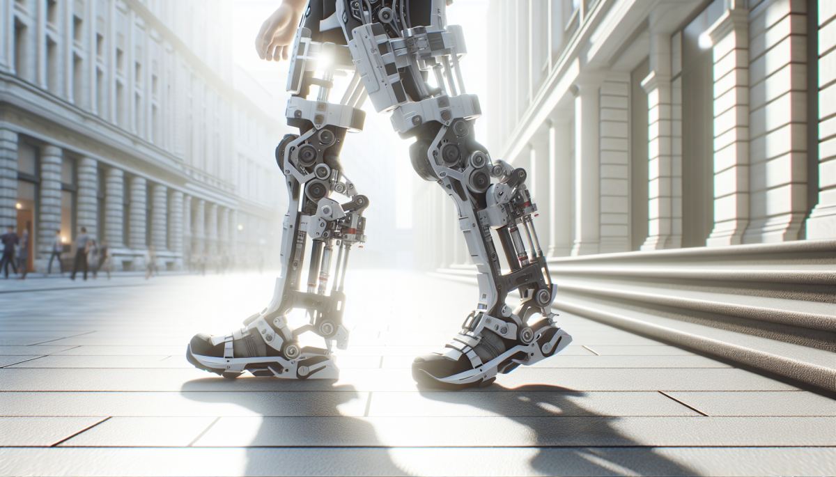 A robotic exoskeleton device strapped to a user's legs, the kind used in spinal cord injury rehabilitation