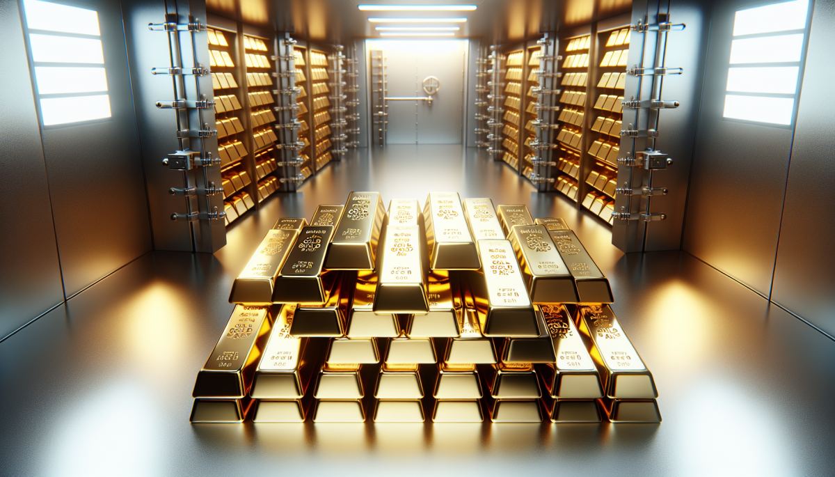 Gold bars stacked in a central bank vault, representing record sovereign purchases surpassing 1,000 tonnes in 2024