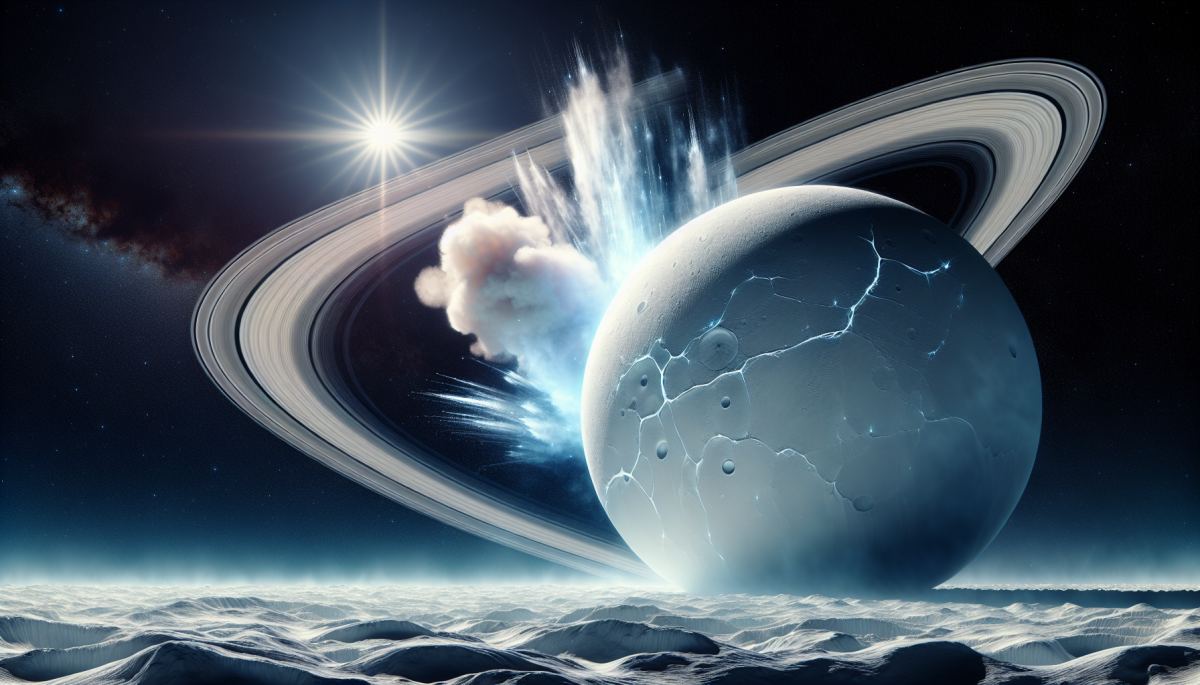 Enceladus geysers erupt from south pole fractures, spraying water vapor and ice into Saturn's magnetosphere