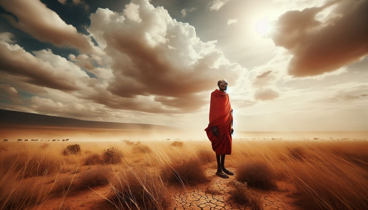 A Maasai elder surveys drought-parched land in Kajiado county, southern Kenya, as livestock graze sparse pasture