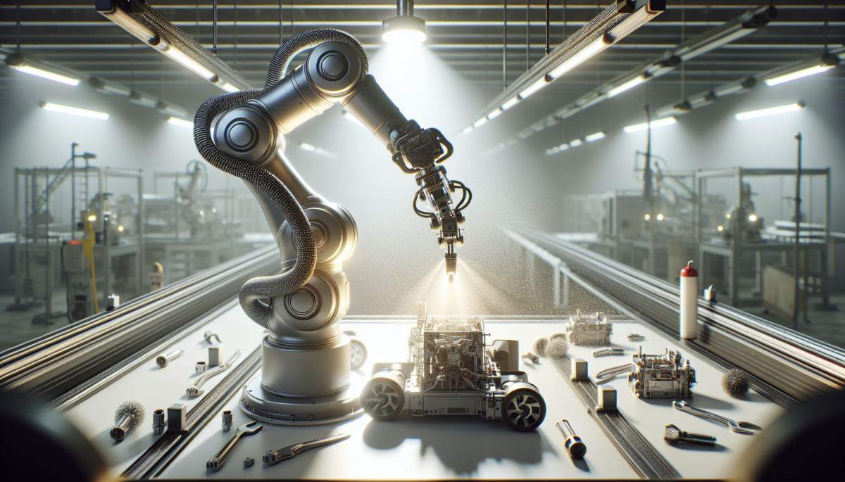 A robotic arm mid-task disassembling a household appliance, demonstrating generalist manipulation in an unscripted environment