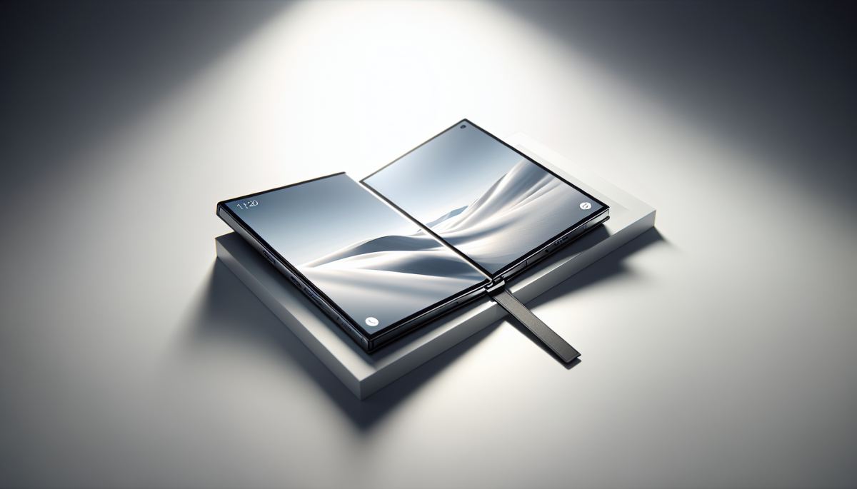 A book-style foldable smartphone unfolded to reveal a wide tablet-like display, similar to reported iPhone Fold design