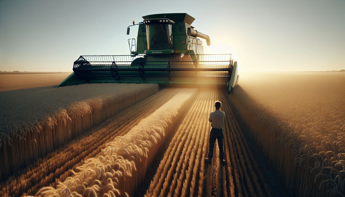 A John Deere combine harvester sits idle in a field, illustrating costly downtime farmers face under repair restrictions.