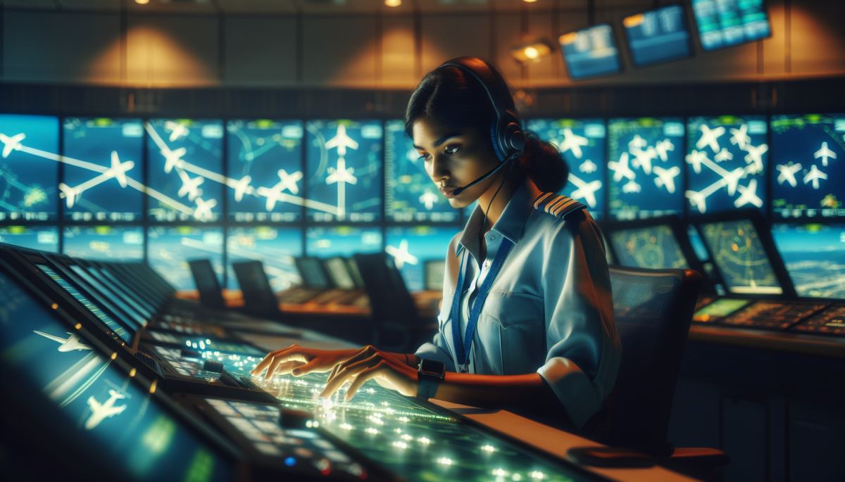 An air traffic controller monitors radar screens at a busy FAA facility, tracking aircraft across the national airspace.