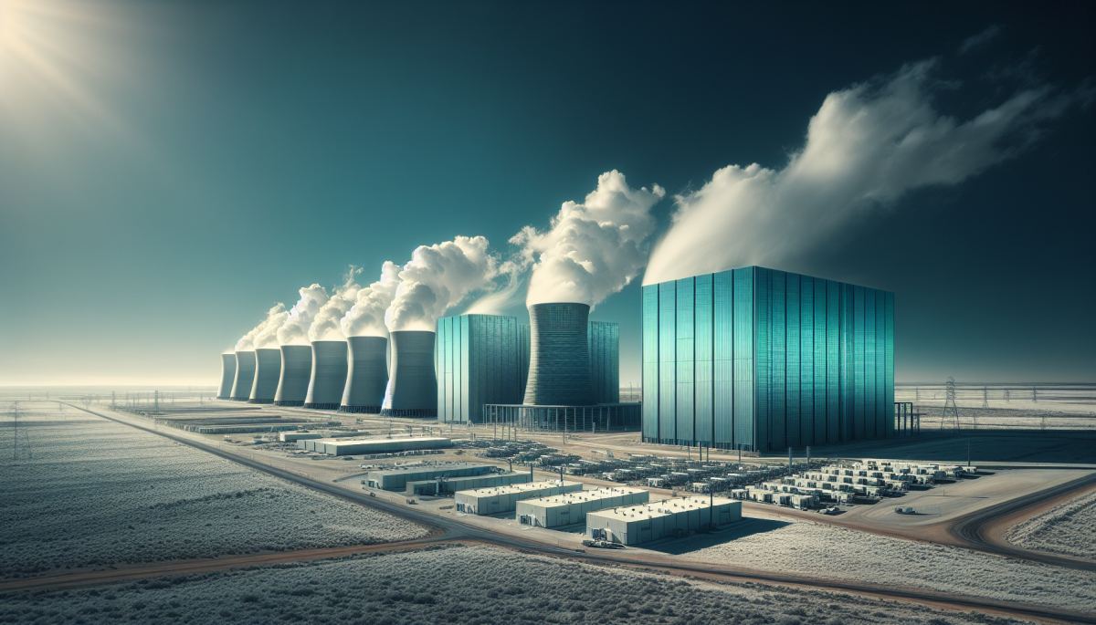Cooling towers at a large hyperscale data center facility release water vapor into the Texas sky