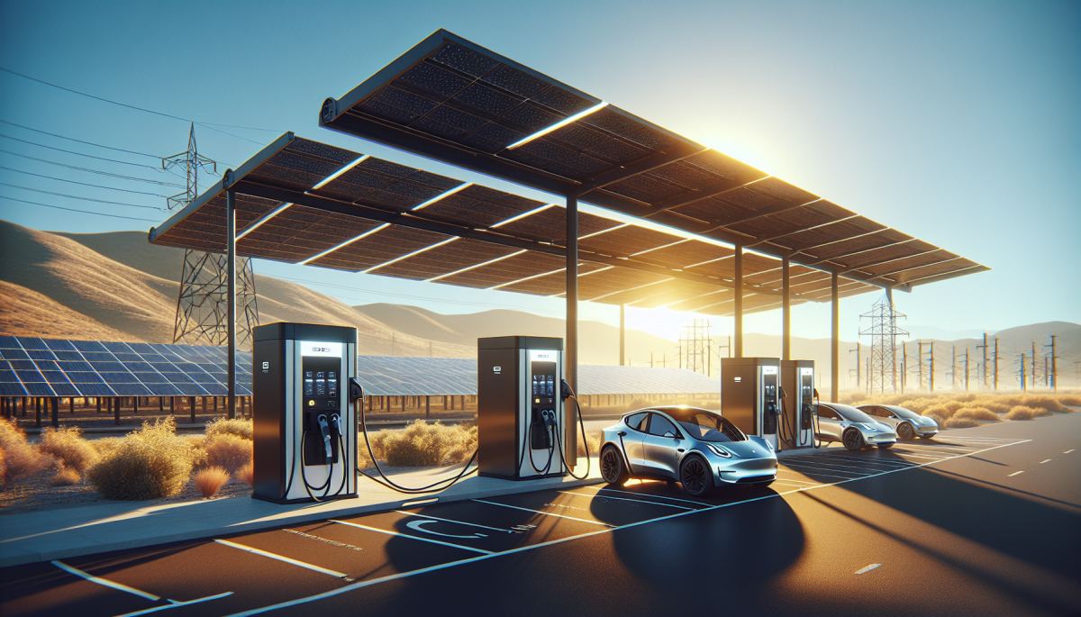 Solar-powered off-grid EV charging station with battery storage array operating independently in California sun