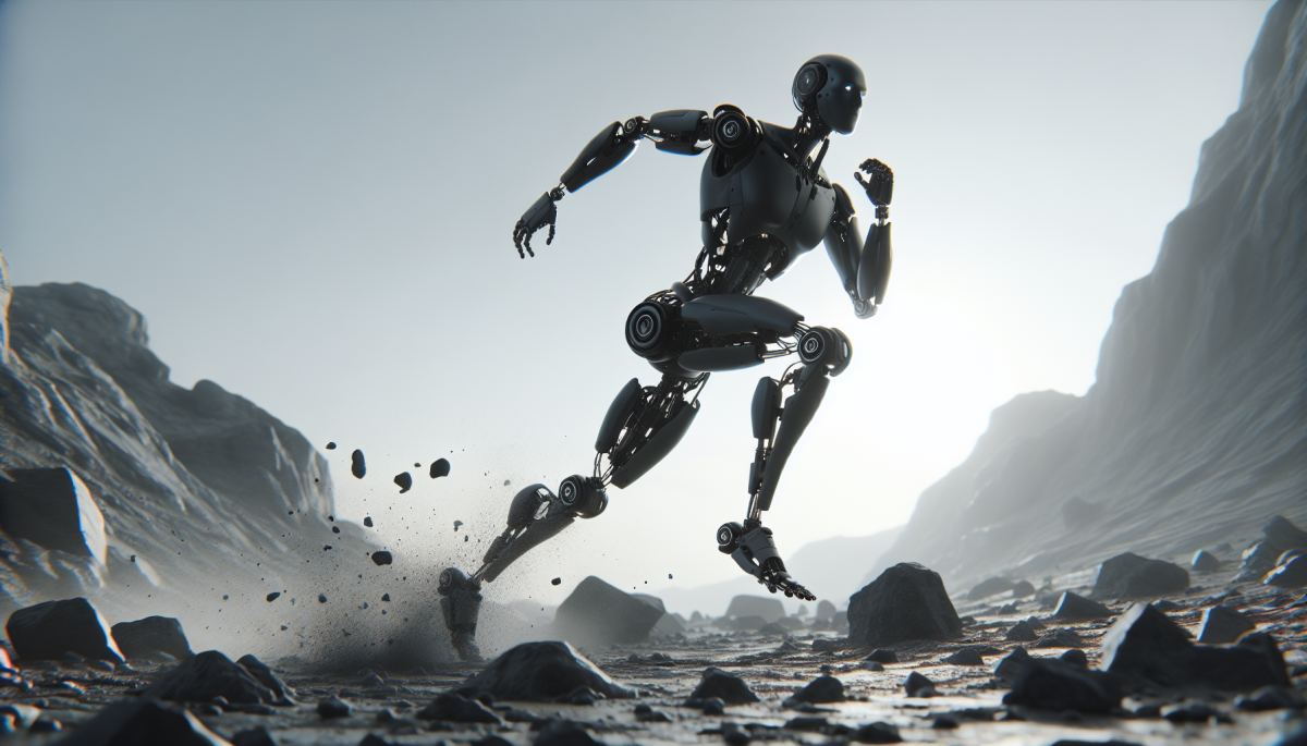A humanoid robot navigating uneven terrain, demonstrating the fluid adaptive movement enabled by reinforcement learning