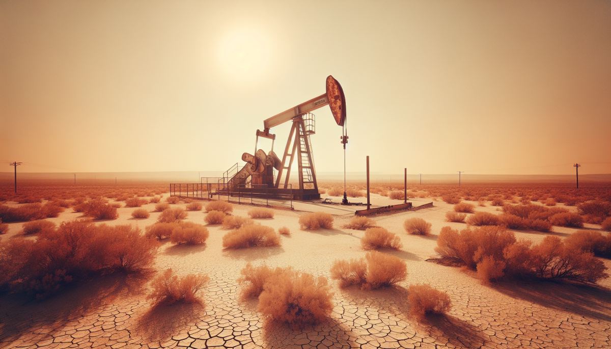 A stripper well pump jack operates on a West Texas ranch, producing just barrels per month amid vast arid terrain.