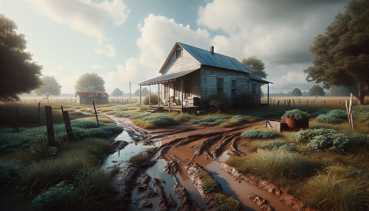 Raw sewage surfacing in a yard in Lowndes County, Alabama, where failed sanitation infrastructure affects low-income rural residents