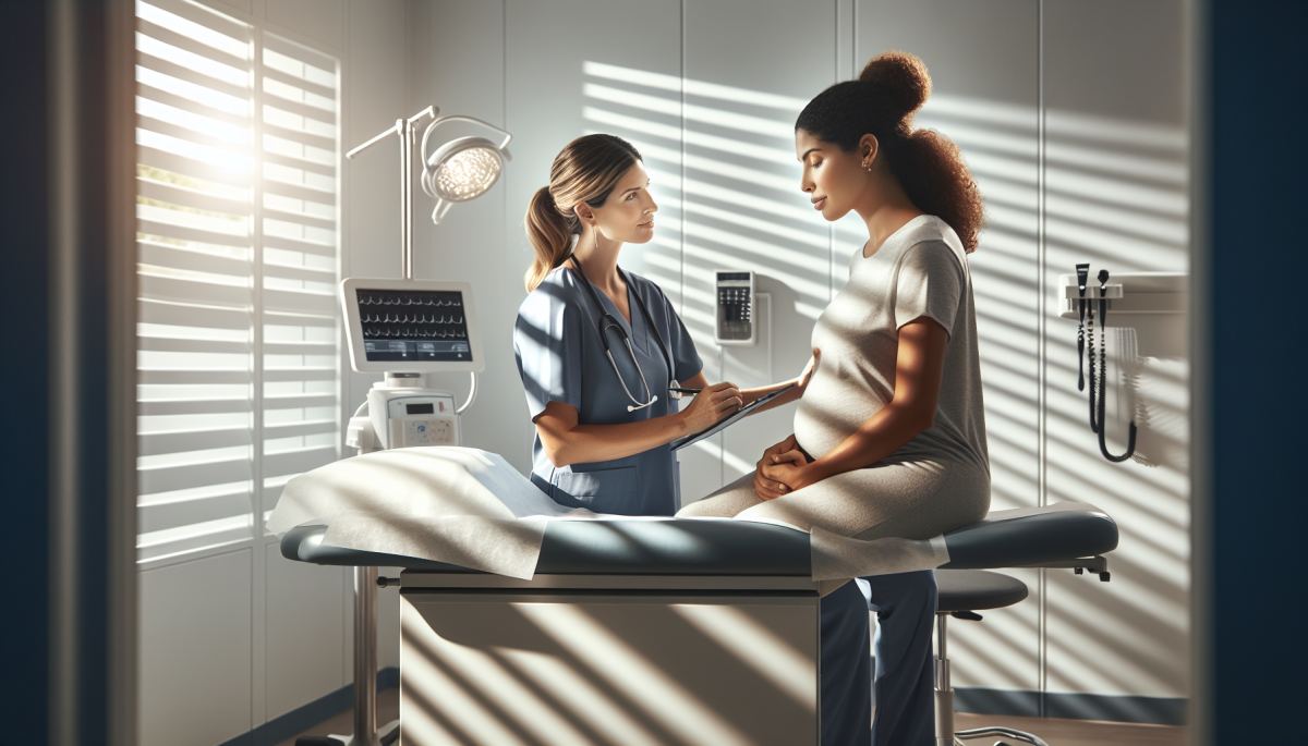 A nurse consults with a pregnant patient at an antenatal care clinic in the Caribbean (96 chars)
