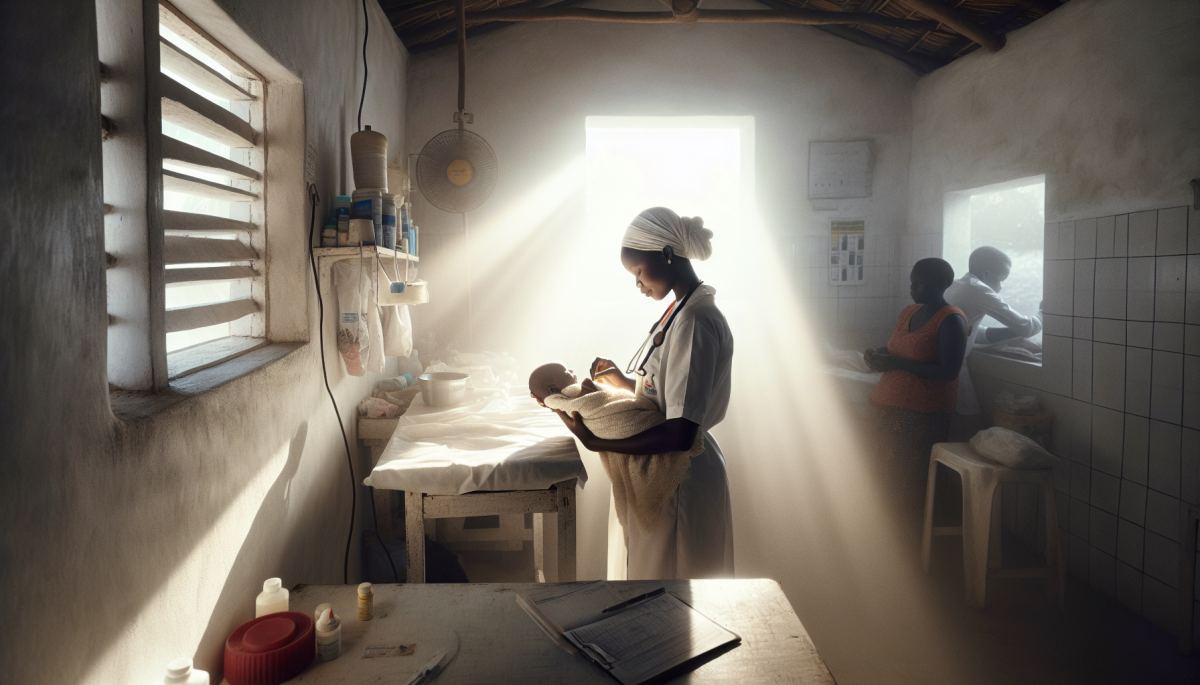 A community health worker in a malaria-endemic region examines a young infant at a rural health post.