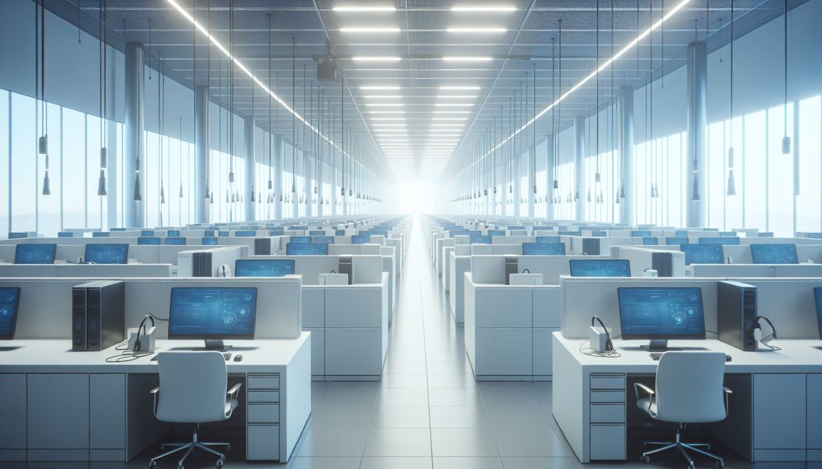 A modern call center floor, representing the labor-intensive customer service industry being reshaped by AI investment