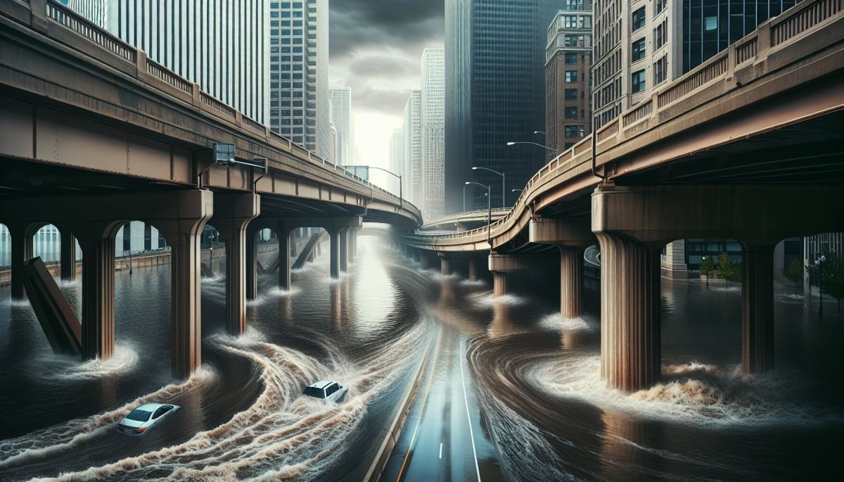 Flooded expressway and street infrastructure in Chicago during a major stormwater overflow event