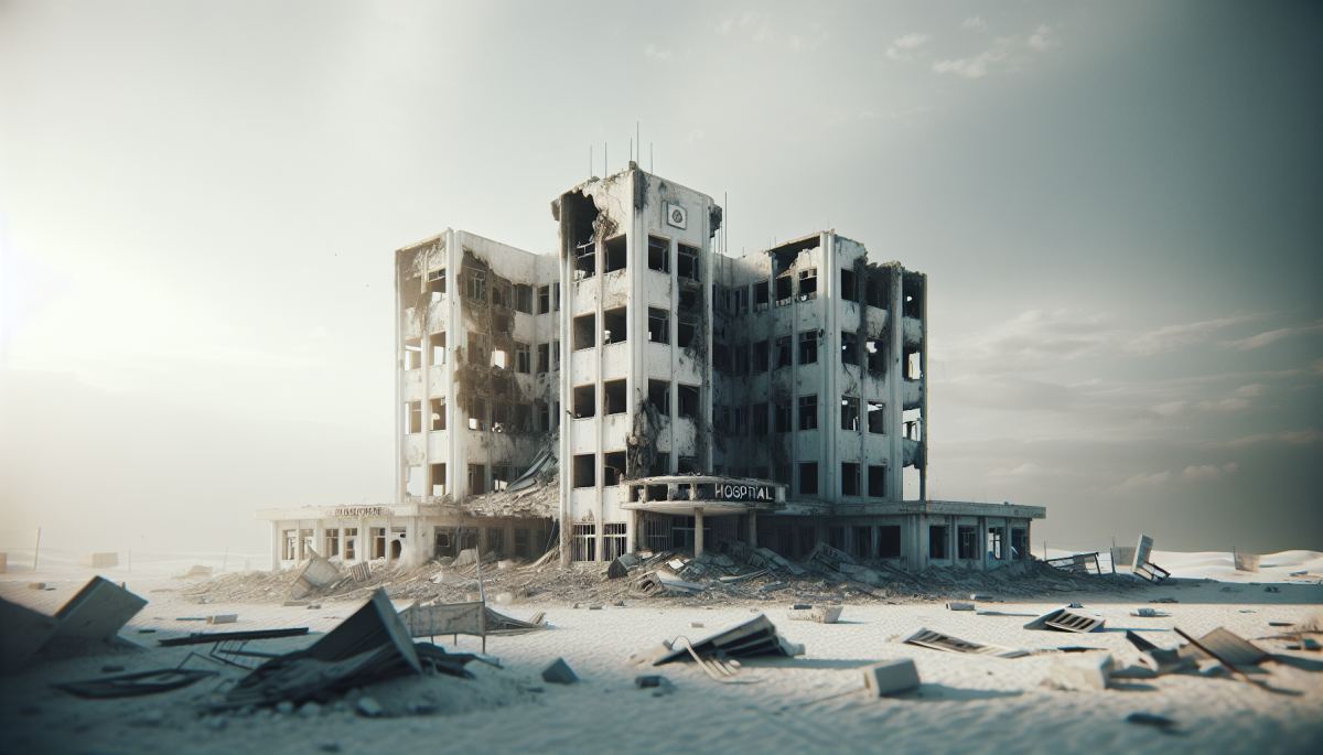 A damaged hospital building in a conflict zone, windows blown out and walls scarred by repeated strikes