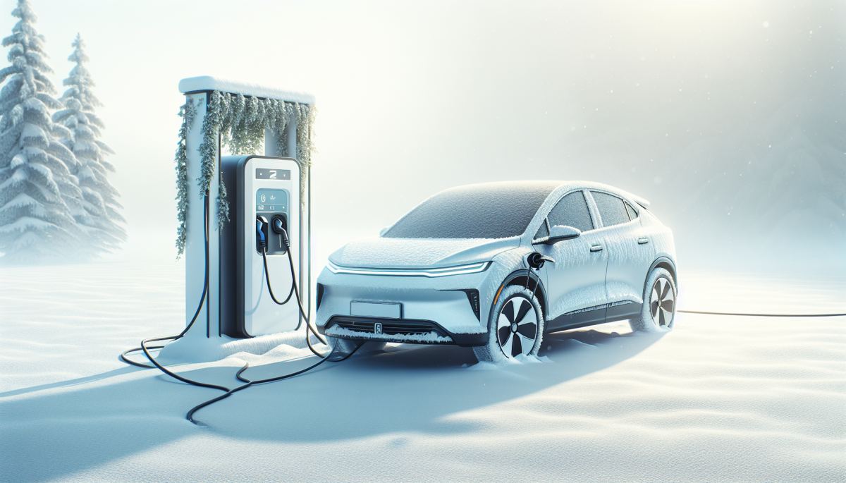 An electric vehicle charging in winter conditions, with snow on the ground and frost on the windows