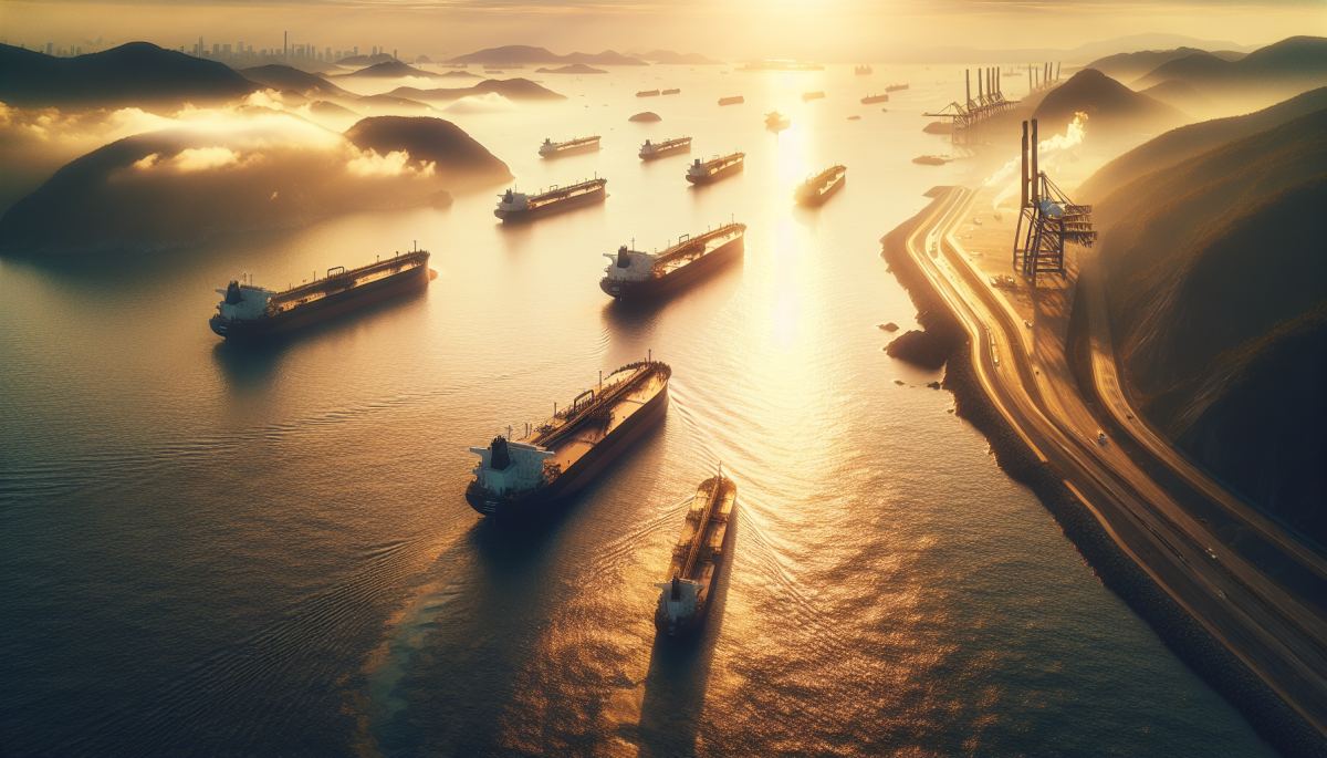 Oil tankers navigate the Strait of Hormuz, a critical chokepoint for global crude supply routes